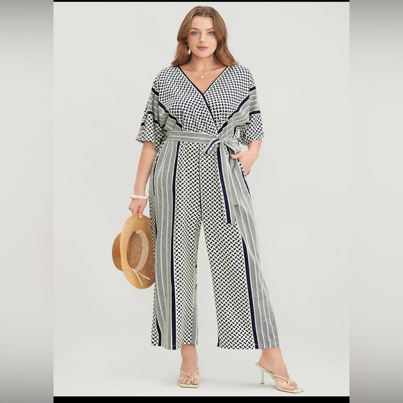 Geometric Contrast Dolman Sleeve Pocket Belted Wrap Jumpsuit - Picture 1 of 4